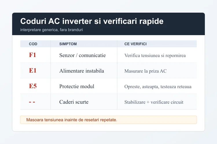 Tabel coduri eroare AC inverter cu descrieri și cauze posibile