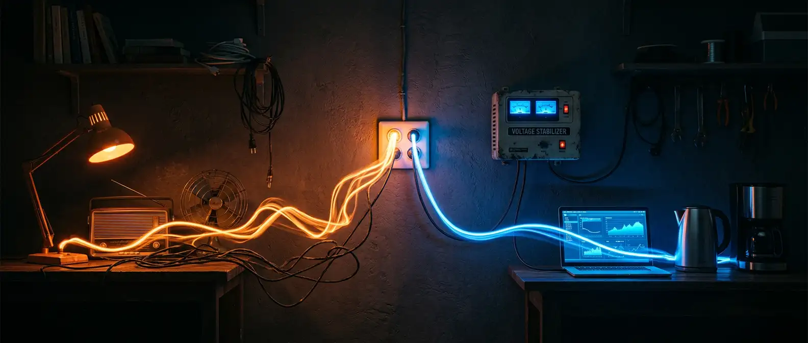 Haos electric vs stabilitate — priză cu energie portocalie instabilă transformată în albastru stabil prin stabilizator