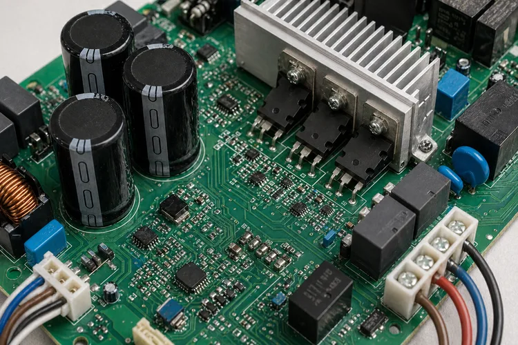 Macro PCB invertor AC cu condensatori, IGBT-uri și componente vizibile