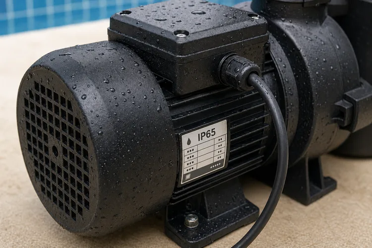 Macro pompă piscină cu sticker IP rating și stropi de apă pe carcasă