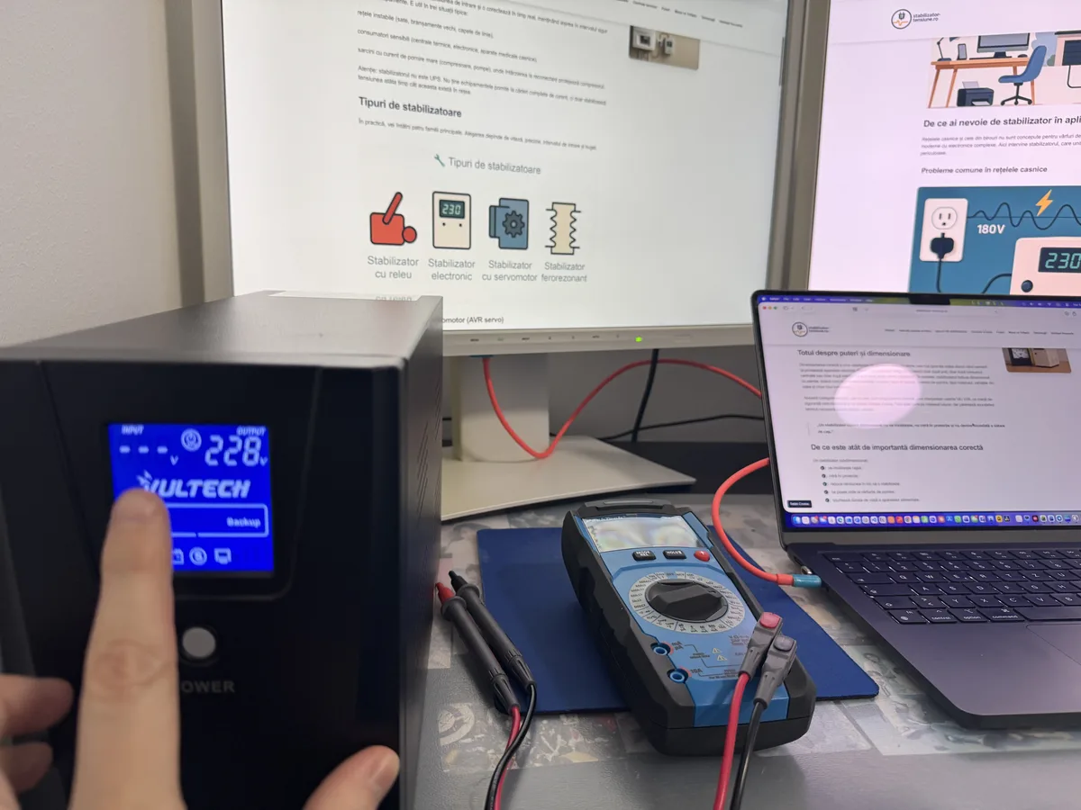 Setup-ul nostru de testare: UPS Vultech, multimetru PeakTech 3349, monitorizare tensiune