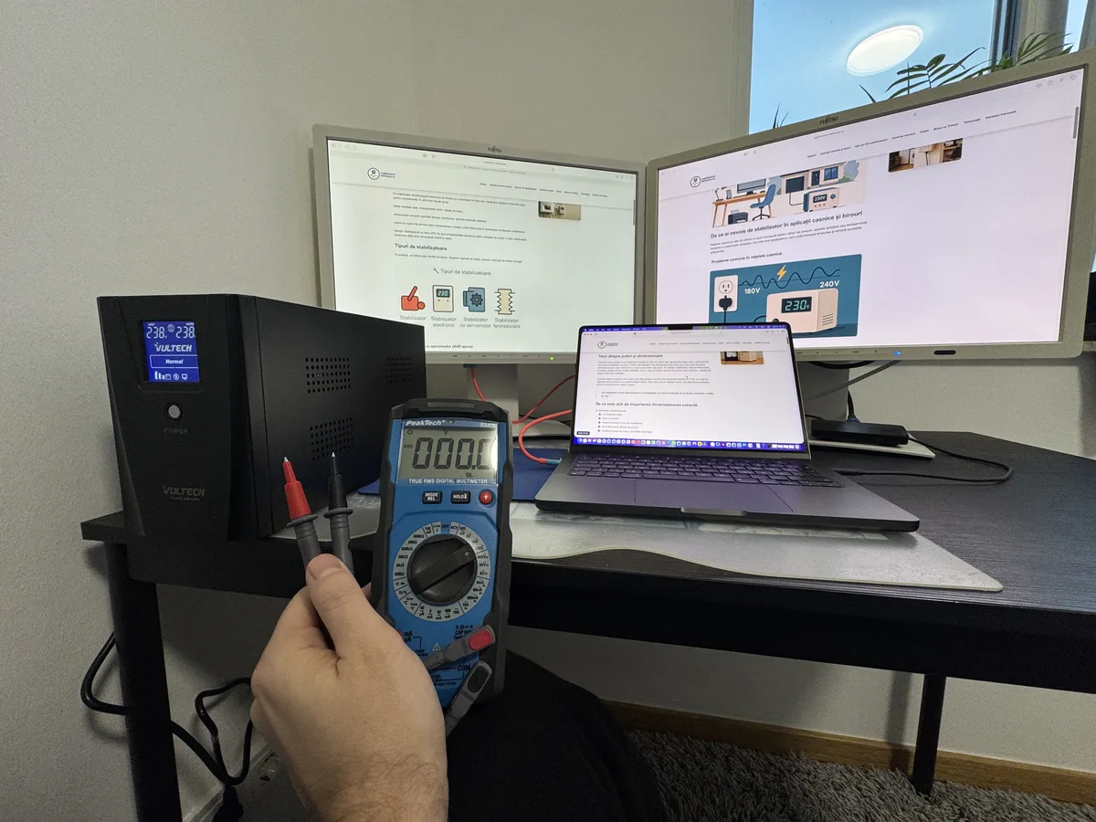 Setup-ul nostru de testare: UPS Vultech, multimetru PeakTech, monitoare cu site-ul