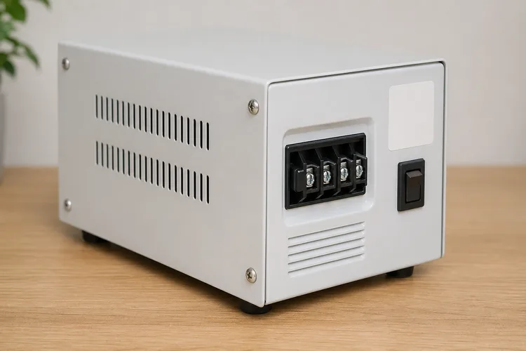 Detaliu lateral al unui stabilizator 1000 VA cu borne de intrare/ieșire