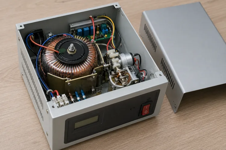 Stabilizator deschis cu servomotor și transformator vizibile în interior